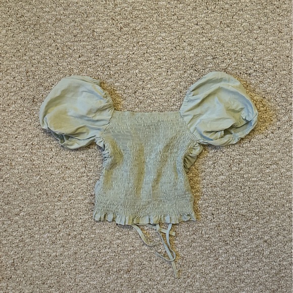 sage green puff sleeves ruched crop top with bow ties - Picture 2 of 2